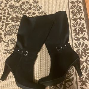 Black wide calf boots w/ single buckle detailing